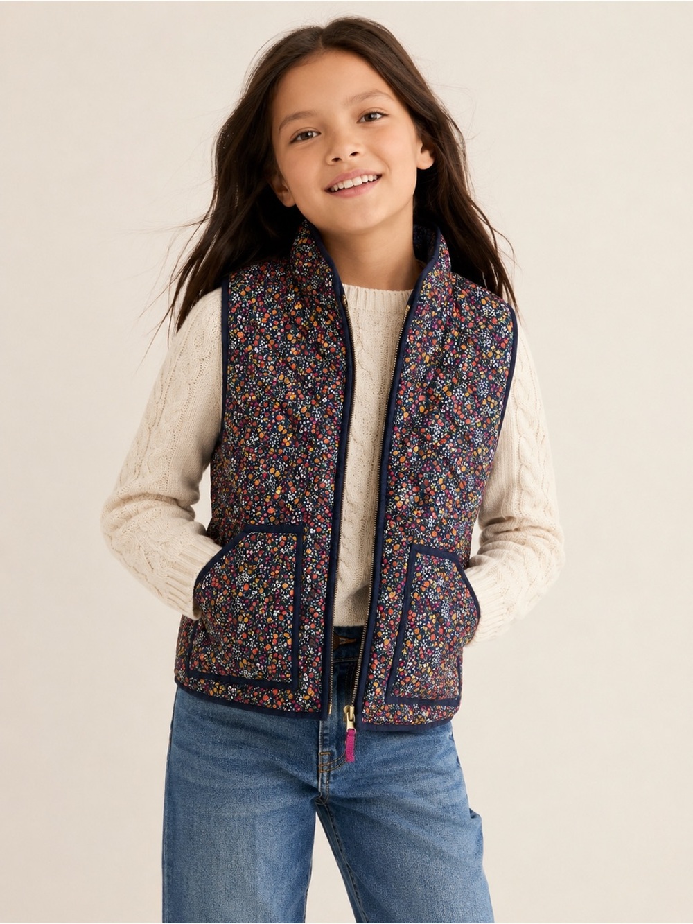 rewcuts Girls Quilted Floral Puffer Vest Navy Multicolor Zip Front Pockets M